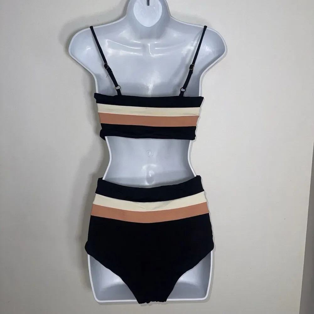 L*Space Rebel Stripe Top Portia Stripe High Waist Bikini Bottom Medium Black USA